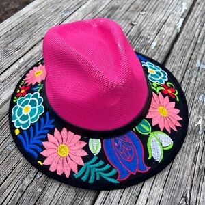 Pink and Black Embroidered Hat